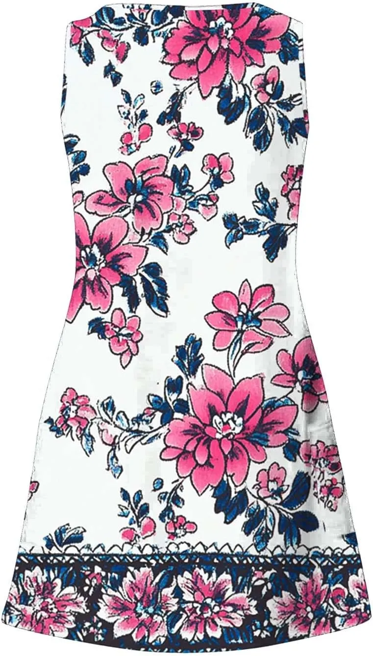 Boho Dress for Women 2025 Summer V-Neck Sleeveless Mini Dresses with Pocket Floral Print Beach Vacation Sundress