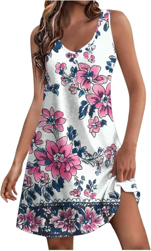 Boho Dress for Women 2025 Summer V-Neck Sleeveless Mini Dresses with Pocket Floral Print Beach Vacation Sundress
