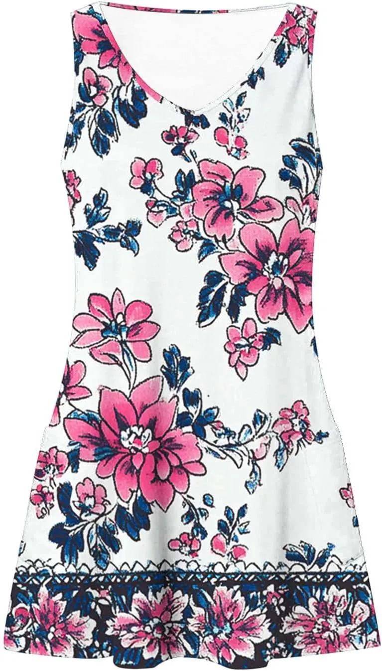 Boho Dress for Women 2025 Summer V-Neck Sleeveless Mini Dresses with Pocket Floral Print Beach Vacation Sundress