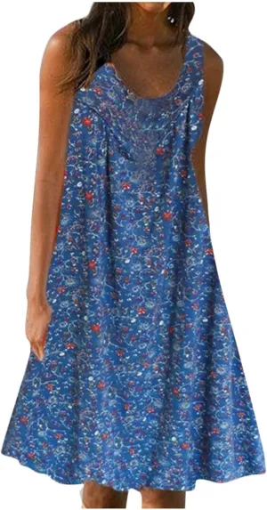 Boho Dress Summer Tank Top Dress Plus Size Sundresses Sleeveless Pleated Short Dress Beach Floral Dress with Pockets