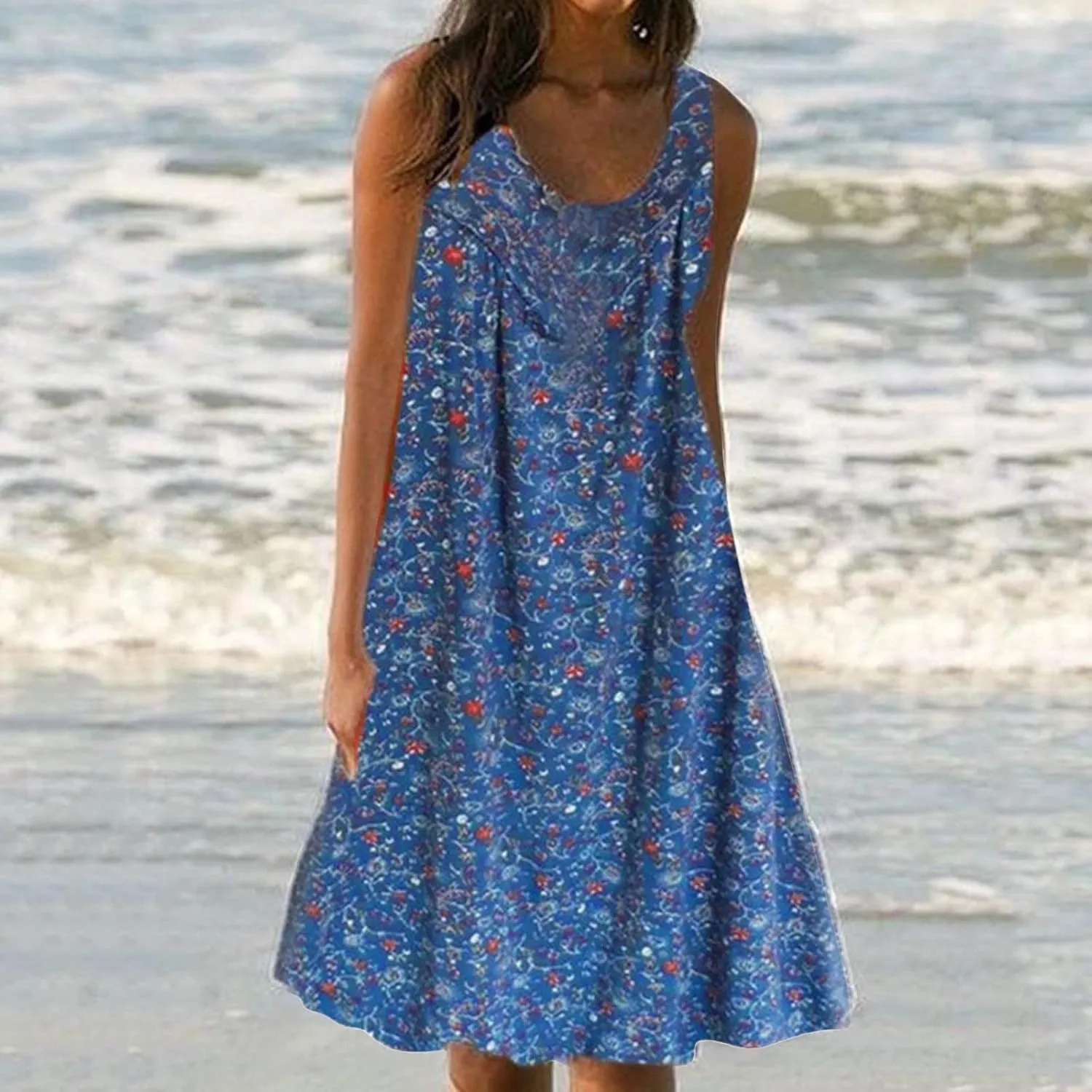 Boho Dress Summer Tank Top Dress Plus Size Sundresses Sleeveless Pleated Short Dress Beach Floral Dress with Pockets