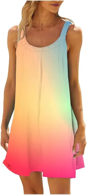 Boho Dresses for Women 2024 Printed Crewneck Sleeveless Sexy Mini Dress Beach Vacation Sundress Flowy Swing Cover Ups