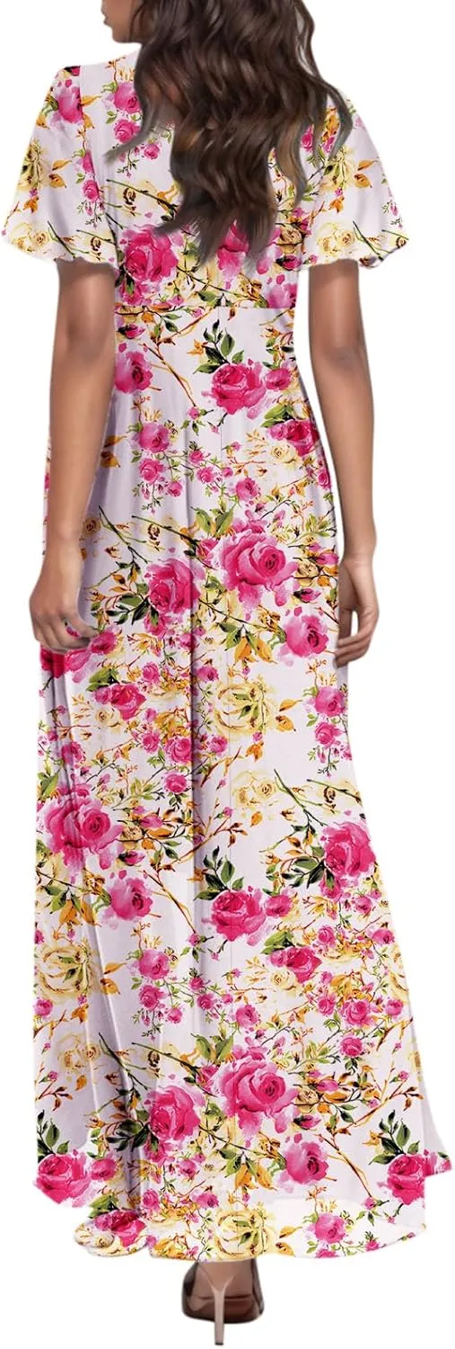 Boho Dresses for Women 2025 Maxi Dress Formal Summer Smocked Floral Dress Plus Size Ruffle Sleeve Chiffon Dresses