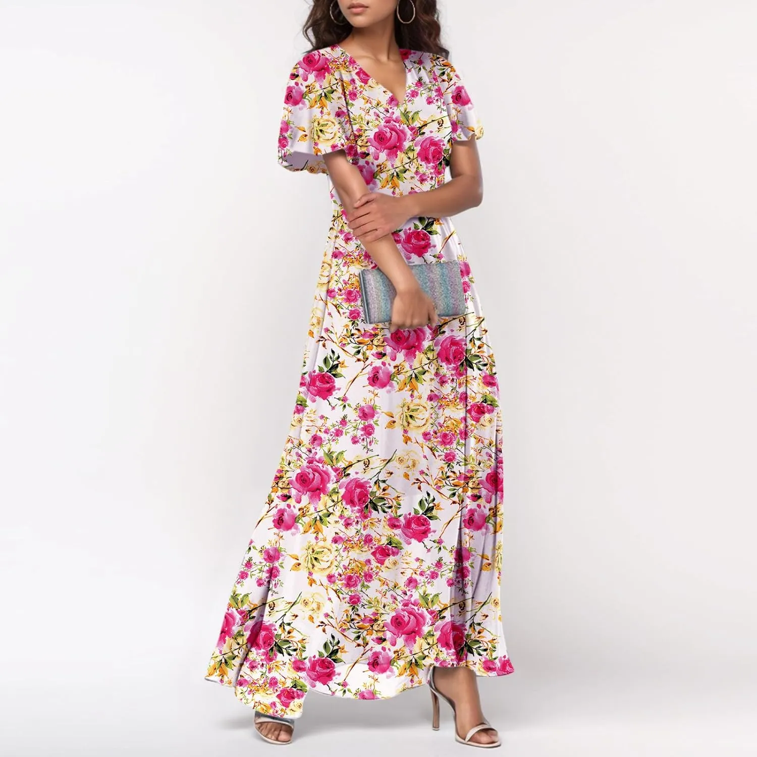 Boho Dresses for Women 2025 Maxi Dress Formal Summer Smocked Floral Dress Plus Size Ruffle Sleeve Chiffon Dresses