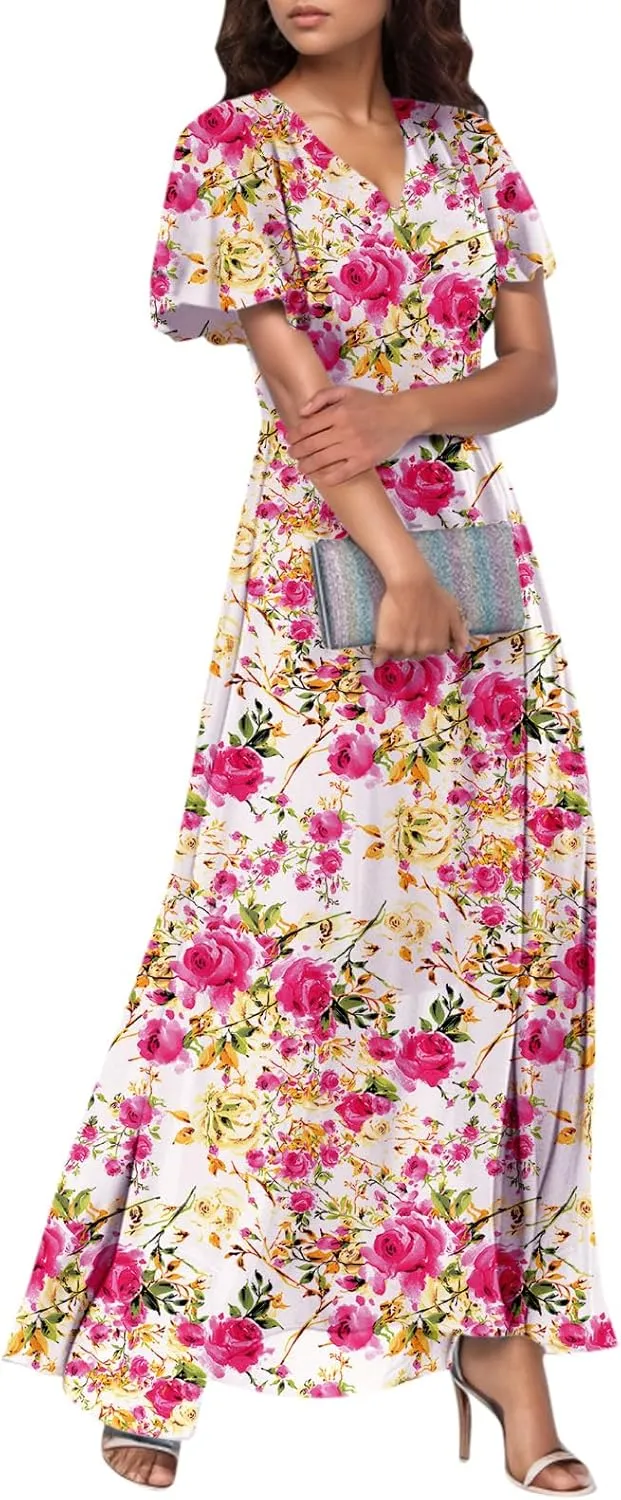 Boho Dresses for Women 2025 Maxi Dress Formal Summer Smocked Floral Dress Plus Size Ruffle Sleeve Chiffon Dresses