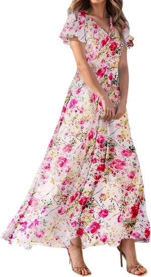 Boho Dresses for Women 2025 Maxi Dress Formal Summer Smocked Floral Dress Plus Size Ruffle Sleeve Chiffon Dresses