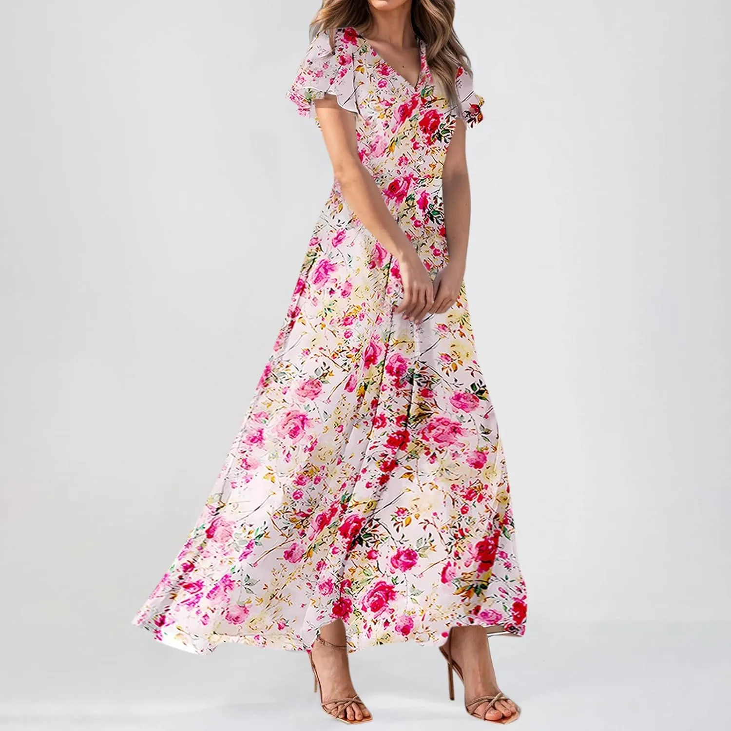 Boho Dresses for Women 2025 Maxi Dress Formal Summer Smocked Floral Dress Plus Size Ruffle Sleeve Chiffon Dresses