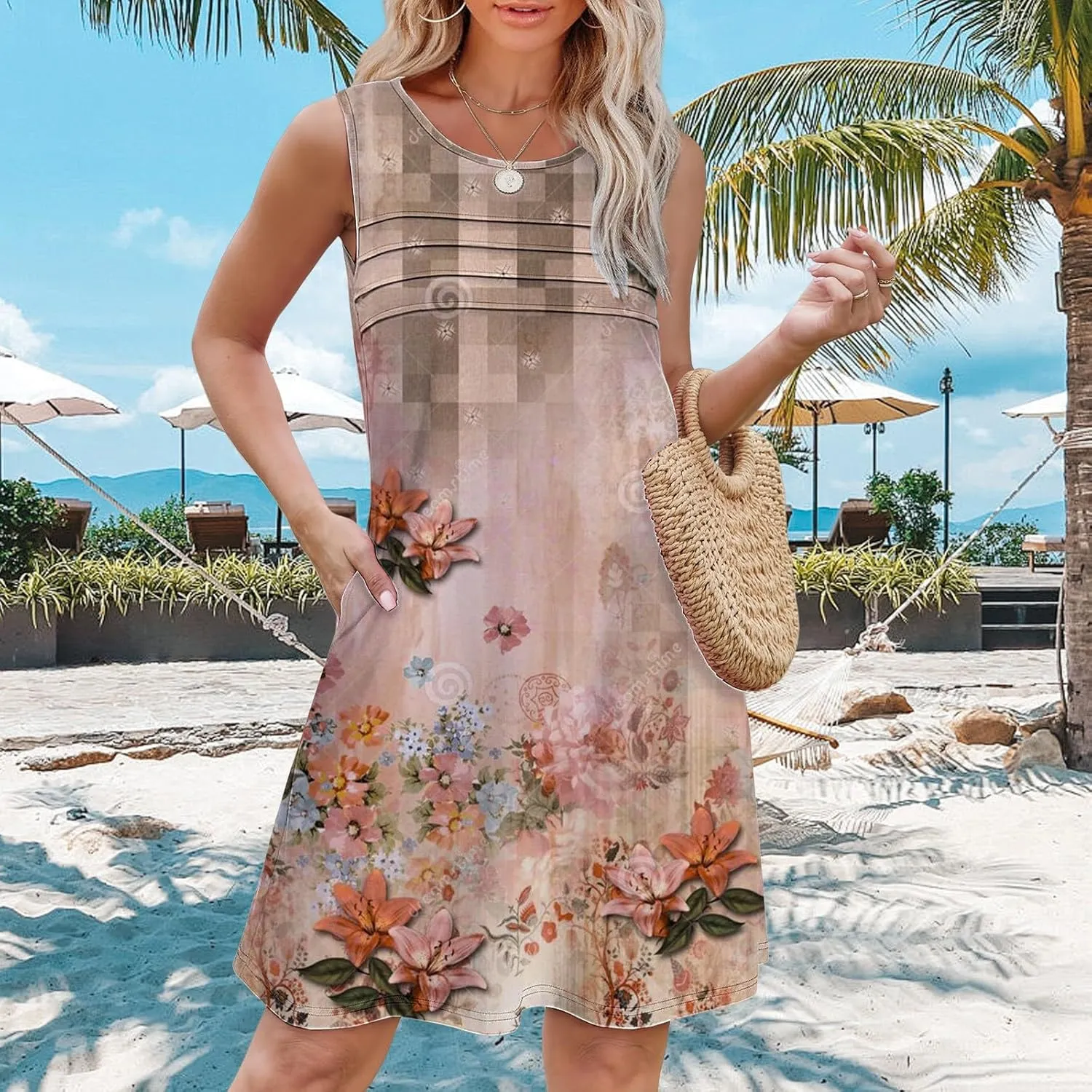 Boho Dresses for Women 2025 Womens with Pockets Summer Casual Tank Dress Sleeveless Midi Beach Dress Womens Cotton