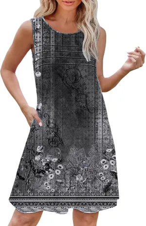 Boho Dresses for Women 2025 Womens with Pockets Summer Casual Tank Dress Sleeveless Midi Beach Dress Womens Cotton