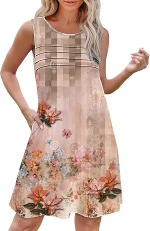 Boho Dresses for Women 2025 Womens with Pockets Summer Casual Tank Dress Sleeveless Midi Beach Dress Womens Cotton