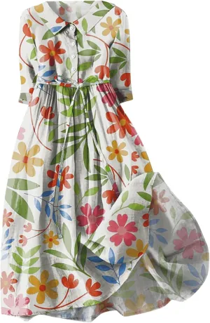 Boho Dresses for Women Linen Short Sleeve Lapel Collar Floral Midi Dress Button Lace-Up A Line Casual Flowy Outfits