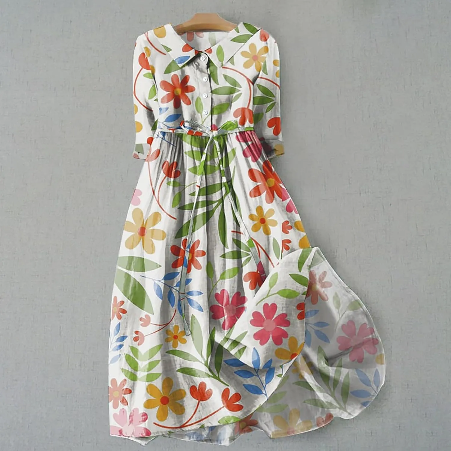 Boho Dresses for Women Linen Short Sleeve Lapel Collar Floral Midi Dress Button Lace-Up A Line Casual Flowy Outfits