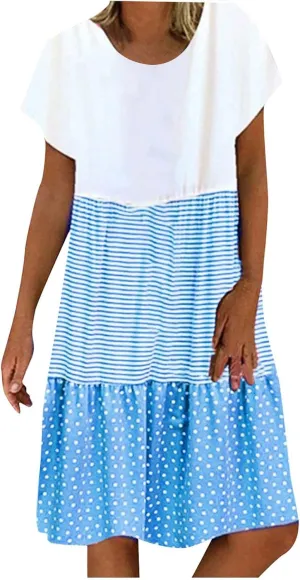 Boho Dresses for Women Trendy 2024 Casual Short Sleeve Summer Tshirt Dress Plus Size Color Block Swing Midi Sundress