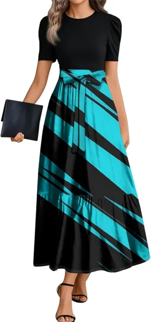 Boho Maxi Dresses Summer Tie Waist Church Dresses Short Sleeve Floral Wrap Dress Cute Beach Wedding with Belt