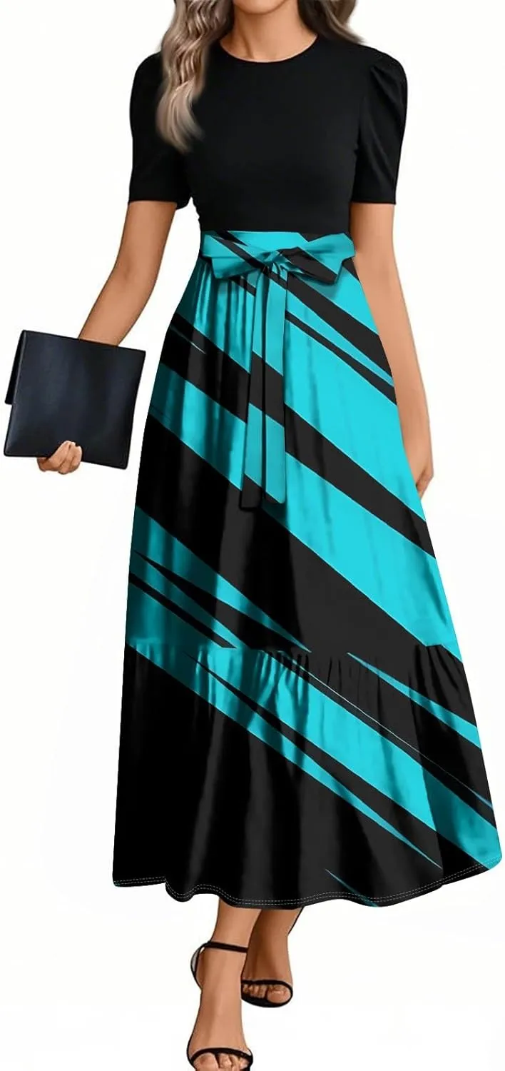Boho Maxi Dresses Summer Tie Waist Church Dresses Short Sleeve Floral Wrap Dress Cute Beach Wedding with Belt