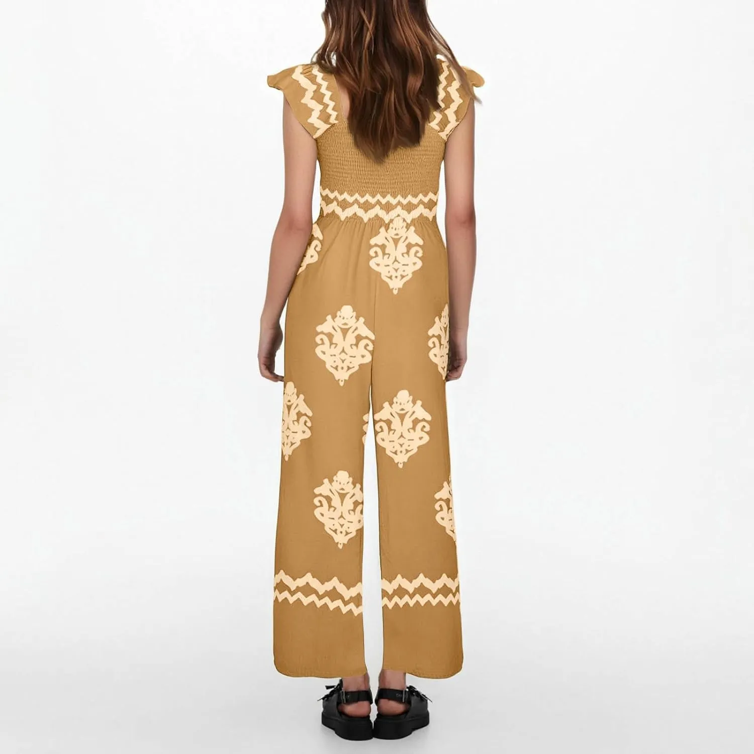 Boho Overalls for Women Wide Leg Floral Jumpsuits Square Neck Cap Sleeve Smocked Jumpsuit Summer Vacation Outfits Pockets