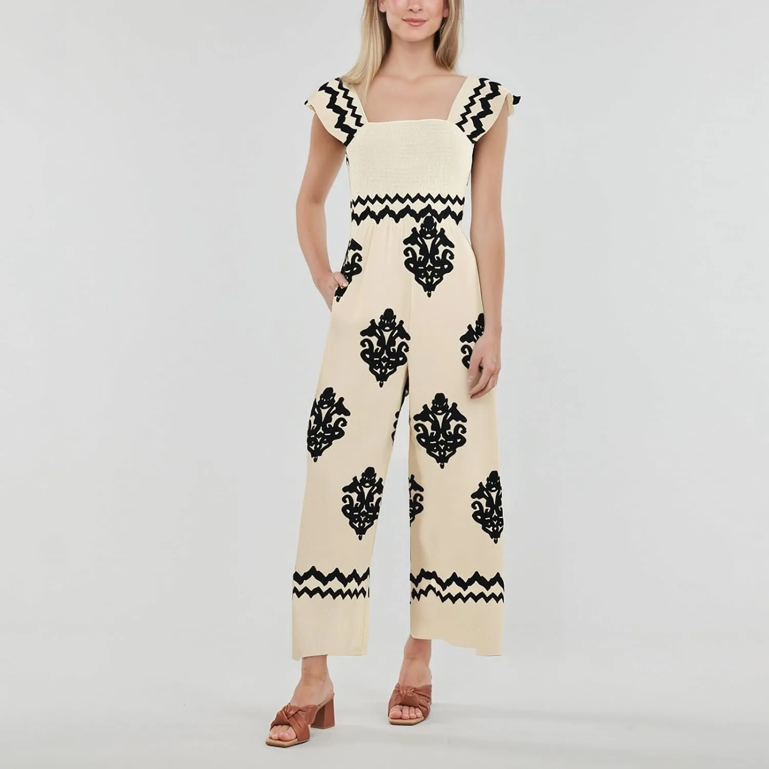 Boho Overalls for Women Wide Leg Floral Jumpsuits Square Neck Cap Sleeve Smocked Jumpsuit Summer Vacation Outfits Pockets