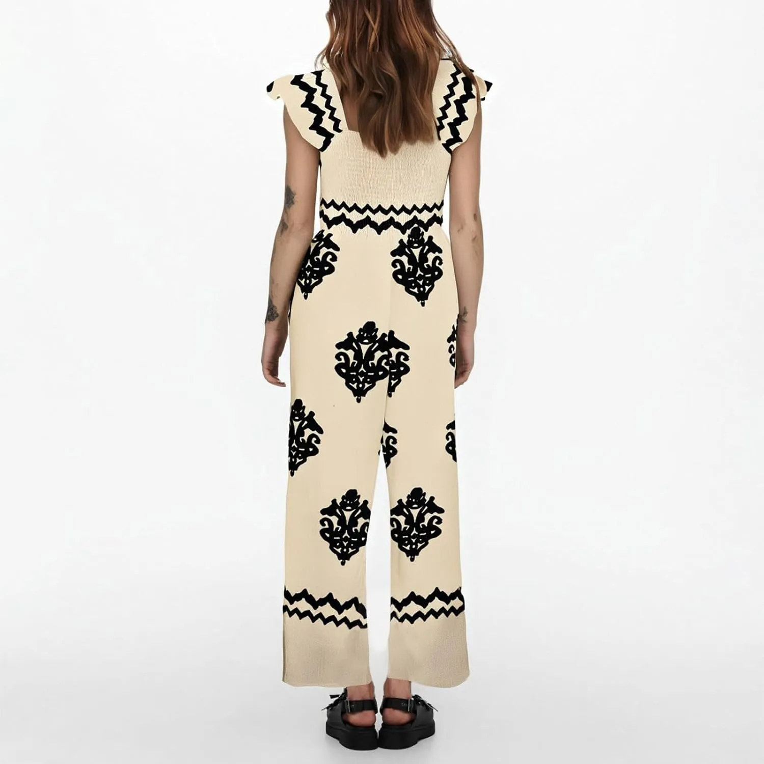 Boho Overalls for Women Wide Leg Floral Jumpsuits Square Neck Cap Sleeve Smocked Jumpsuit Summer Vacation Outfits Pockets