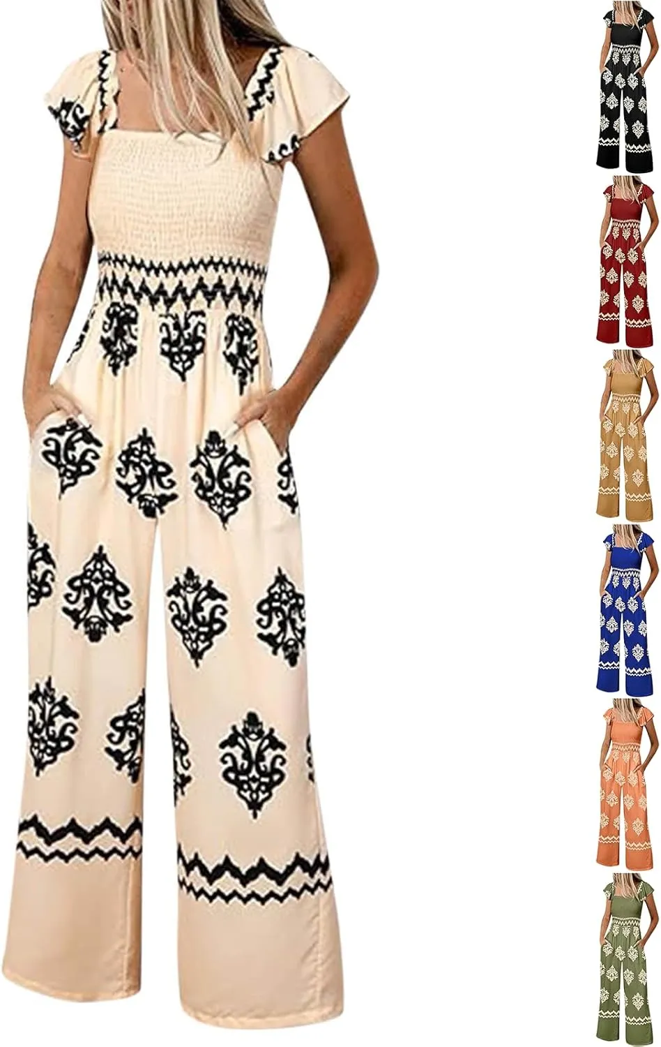 Boho Overalls for Women Wide Leg Floral Jumpsuits Square Neck Cap Sleeve Smocked Jumpsuit Summer Vacation Outfits Pockets