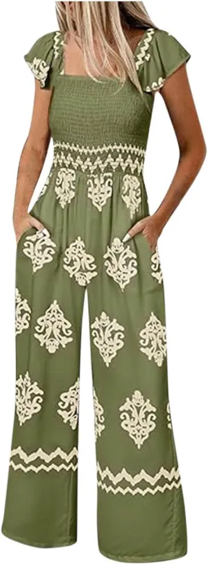Boho Overalls for Women Wide Leg Floral Jumpsuits Square Neck Cap Sleeve Smocked Jumpsuit Summer Vacation Outfits Pockets