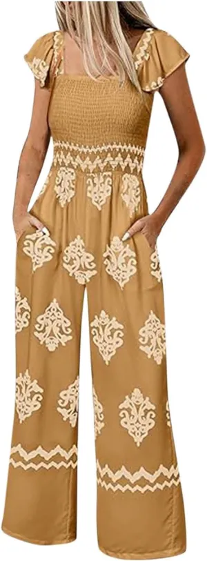 Boho Overalls for Women Wide Leg Floral Jumpsuits Square Neck Cap Sleeve Smocked Jumpsuit Summer Vacation Outfits Pockets