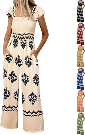 Boho Overalls for Women Wide Leg Floral Jumpsuits Square Neck Cap Sleeve Smocked Jumpsuit Summer Vacation Outfits Pockets