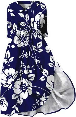 Button Down Dress for Women Plus Size Korean Style Dresses Boho Floral Lace Up Lapel Collar Short Sleeve Midi Dress