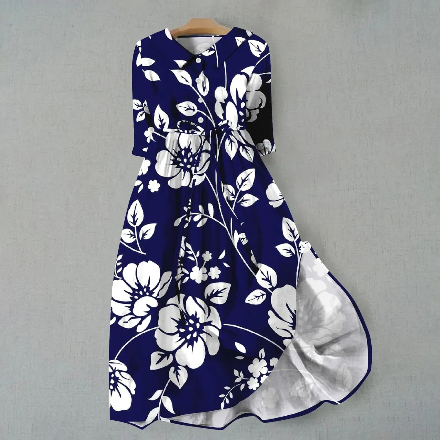 Button Down Dress for Women Plus Size Korean Style Dresses Boho Floral Lace Up Lapel Collar Short Sleeve Midi Dress