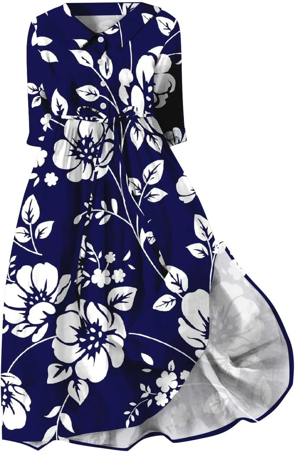 Button Down Dress for Women Plus Size Korean Style Dresses Boho Floral Lace Up Lapel Collar Short Sleeve Midi Dress