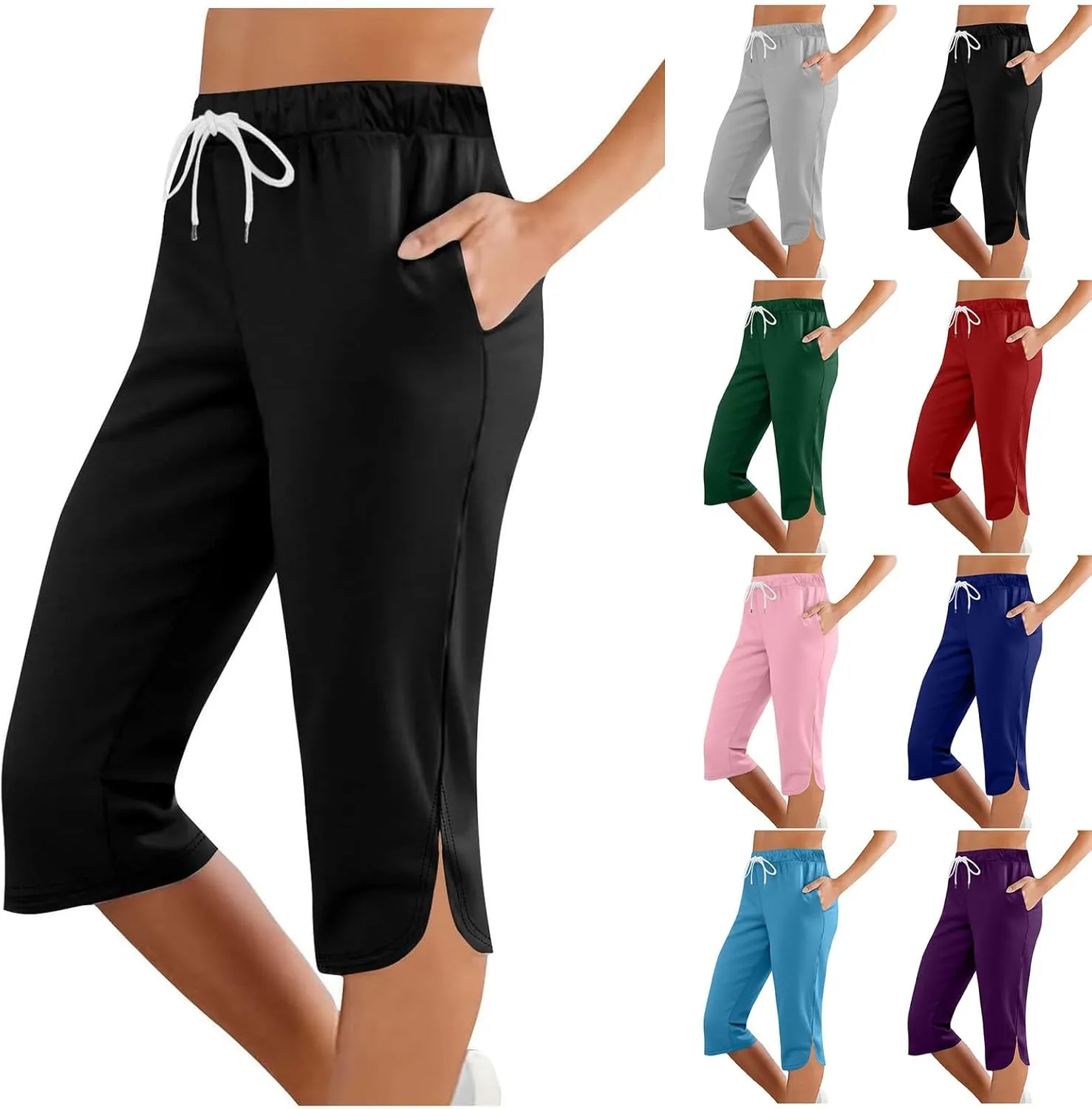 Capri Pants for Women Casual Summer Drawstring Shorts Elastic High Waist Casual Short Straight Leg Cropped Trouser