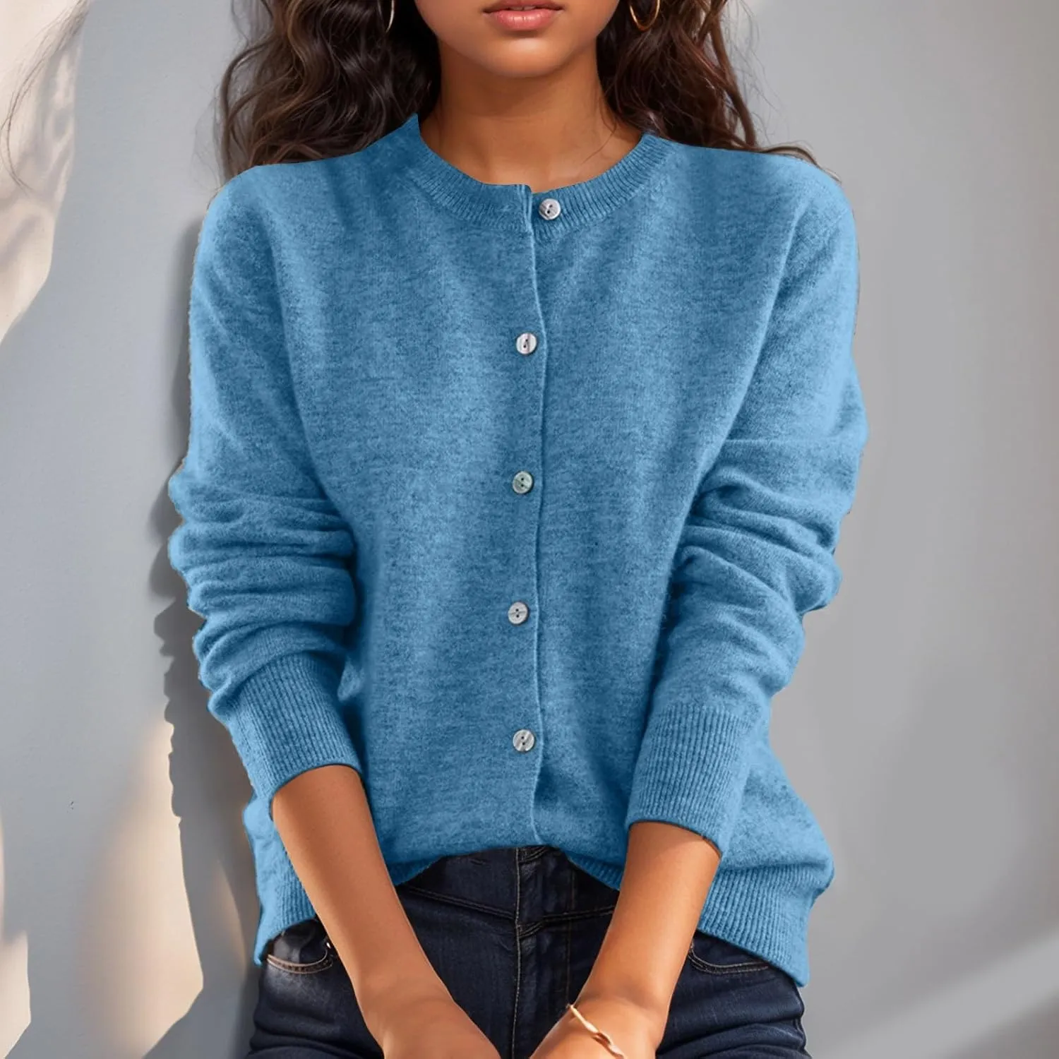 Cardigan Sweaters for Women Trendy Long Sleeve Crewneck Button Down Cashmere Sweaters Loose Lightweight Knit Sweater