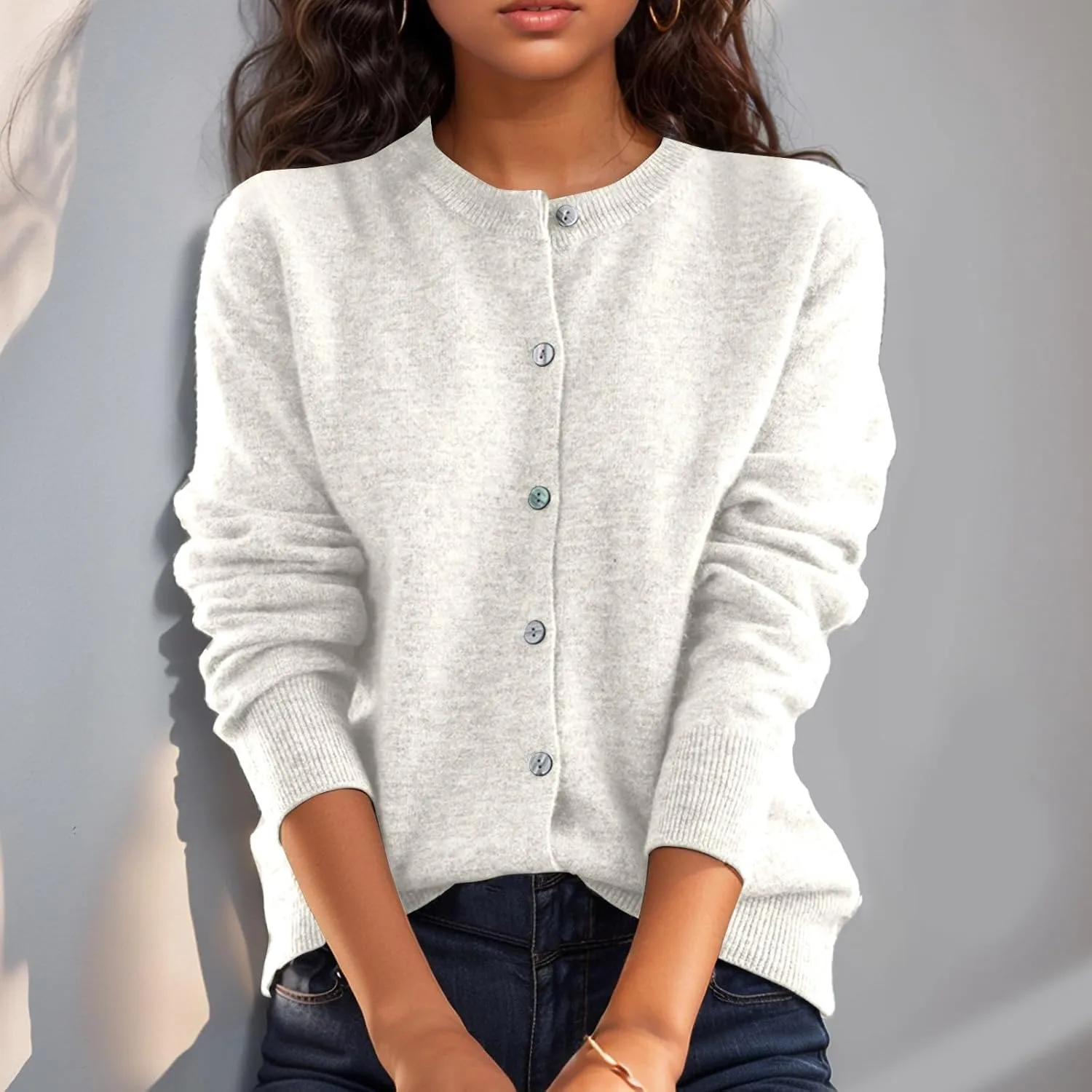 Cardigan Sweaters for Women Trendy Long Sleeve Crewneck Button Down Cashmere Sweaters Loose Lightweight Knit Sweater