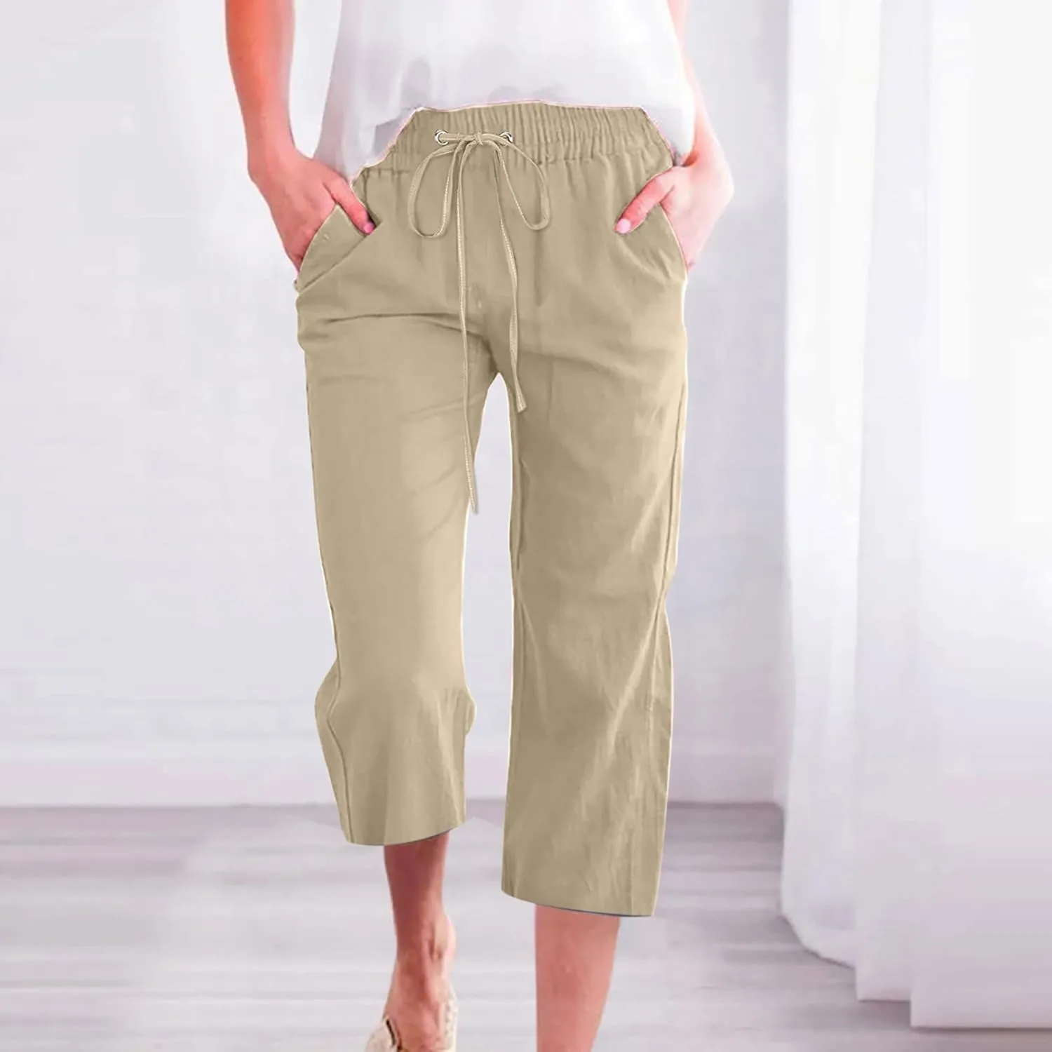Casual Capri Pants for Women Summer Cotton Linen Cropped Pants Elastic High Waist Trousers Straight Wide Leg Pants