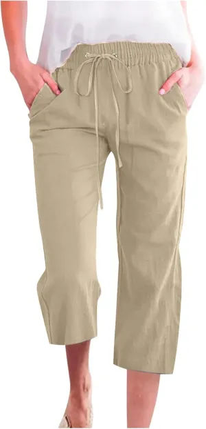 Casual Capri Pants for Women Summer Cotton Linen Cropped Pants Elastic High Waist Trousers Straight Wide Leg Pants