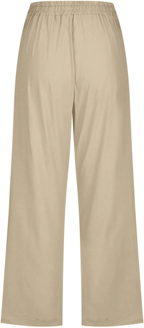 Casual Capri Pants for Women Summer Cotton Linen Cropped Pants Elastic High Waist Trousers Straight Wide Leg Pants