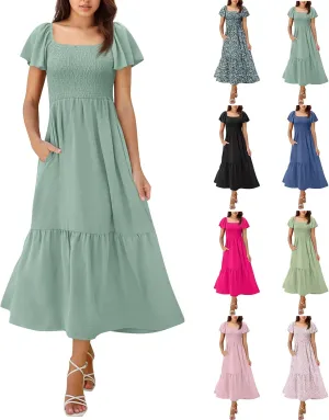 Casual Summer Dresses for Women 2025 Ruffle Sleeve Square Neck Smocked A Line Dress with Pocket Tiered Boho Flowy Dress