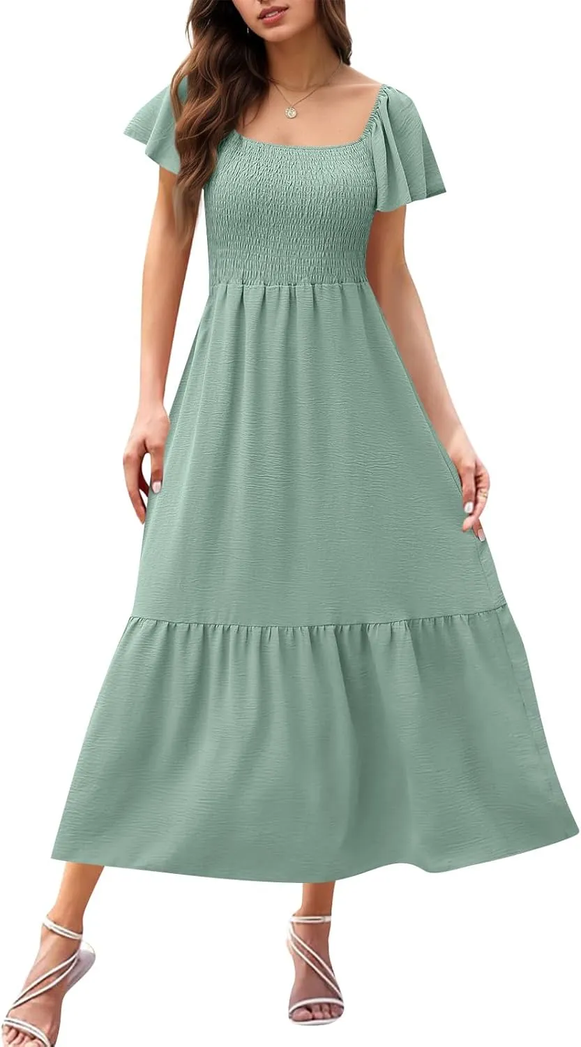 Casual Summer Dresses for Women 2025 Ruffle Sleeve Square Neck Smocked A Line Dress with Pocket Tiered Boho Flowy Dress