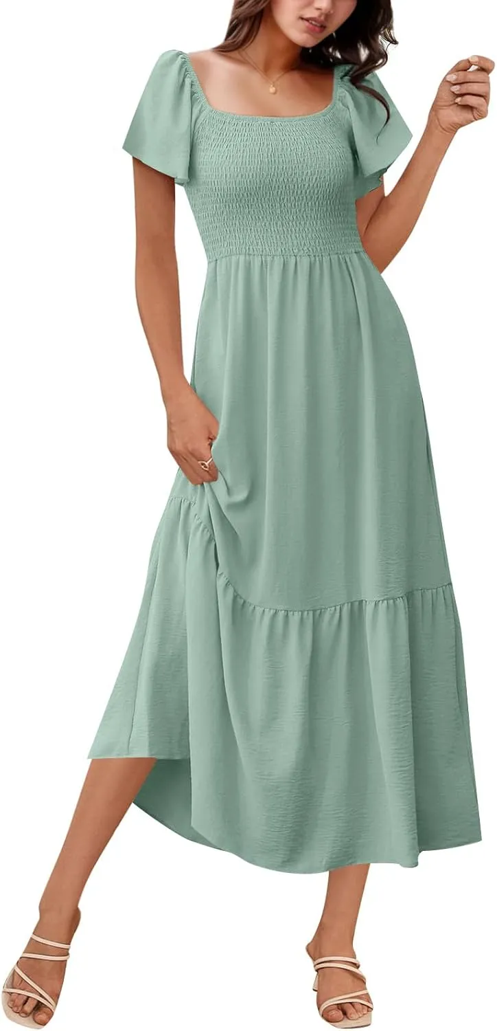 Casual Summer Dresses for Women 2025 Ruffle Sleeve Square Neck Smocked A Line Dress with Pocket Tiered Boho Flowy Dress