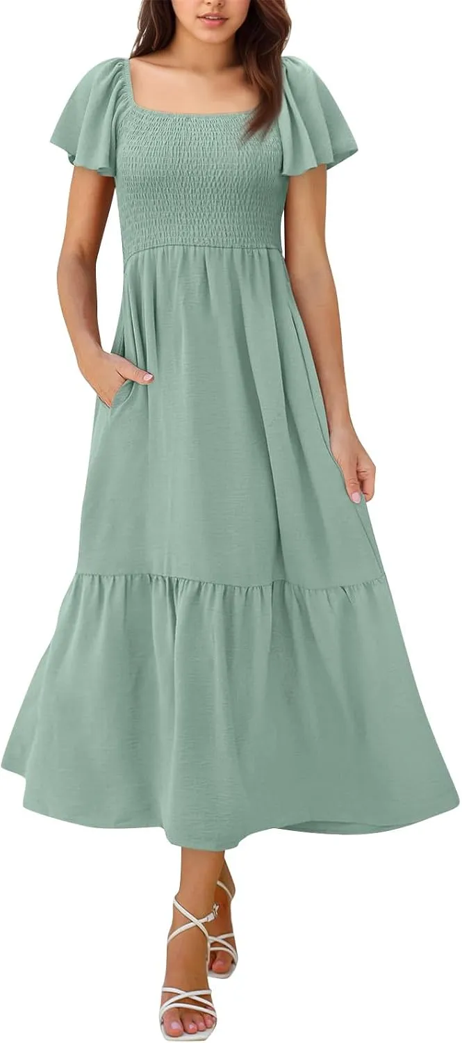 Casual Summer Dresses for Women 2025 Ruffle Sleeve Square Neck Smocked A Line Dress with Pocket Tiered Boho Flowy Dress