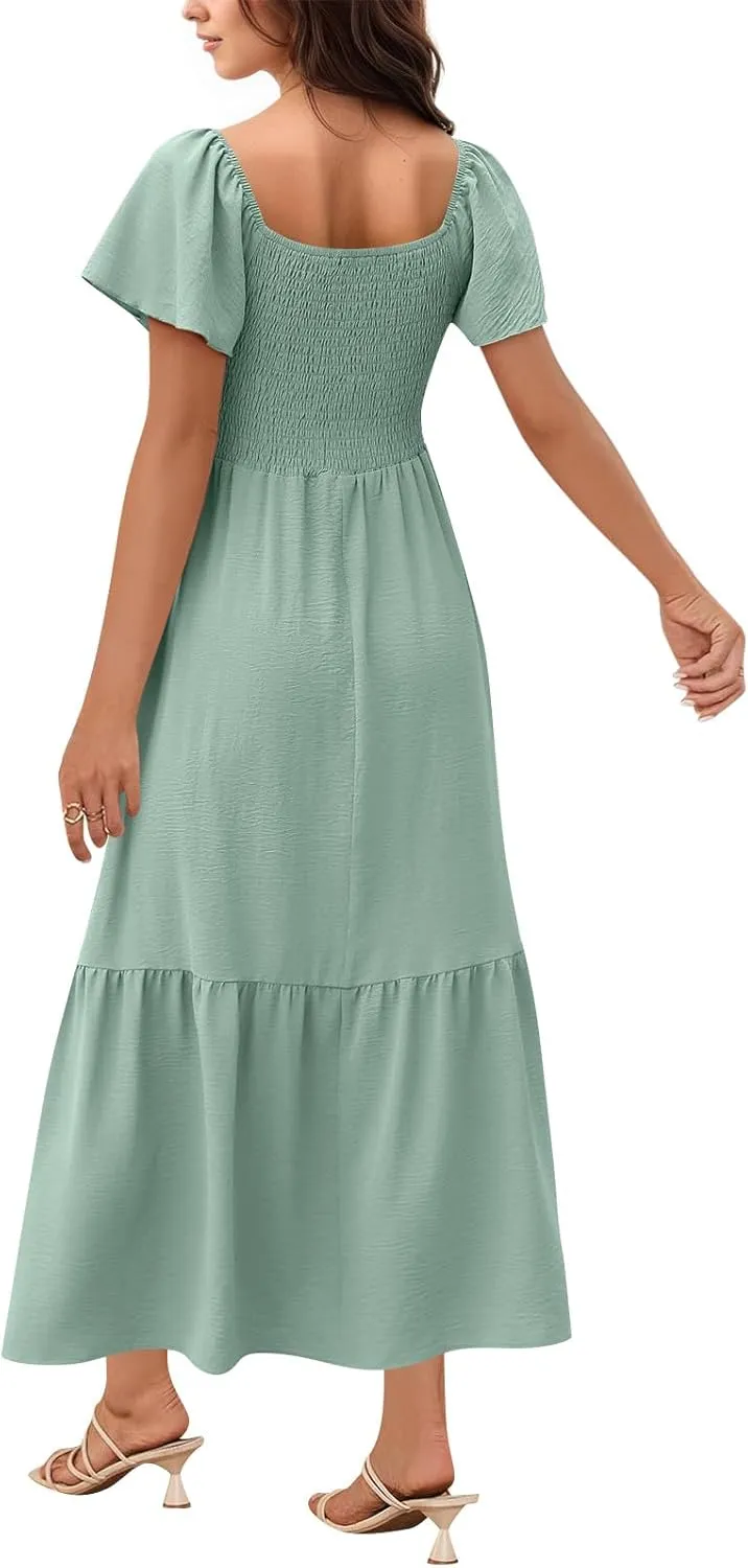 Casual Summer Dresses for Women 2025 Ruffle Sleeve Square Neck Smocked A Line Dress with Pocket Tiered Boho Flowy Dress