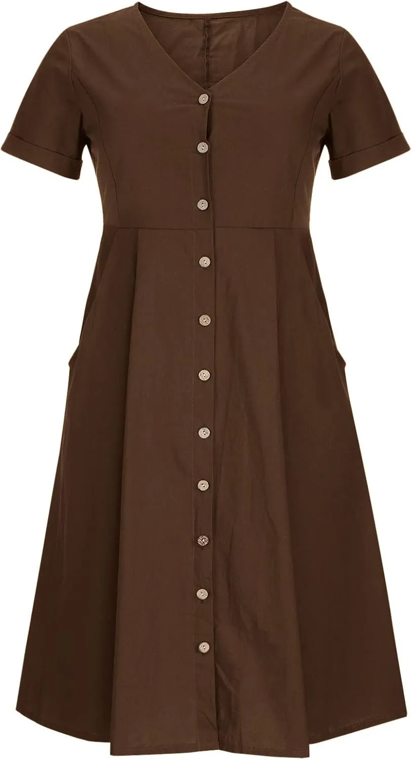 Casual Summer Dresses for Women Casual Button Down Short Sleeve V Neck Sundresses with Pockets Boho Vacation Wear