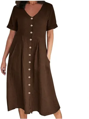 Casual Summer Dresses for Women Casual Button Down Short Sleeve V Neck Sundresses with Pockets Boho Vacation Wear