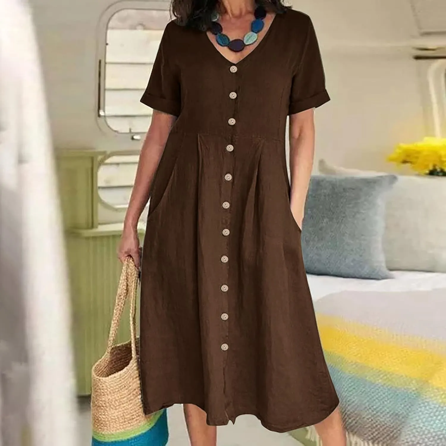 Casual Summer Dresses for Women Casual Button Down Short Sleeve V Neck Sundresses with Pockets Boho Vacation Wear