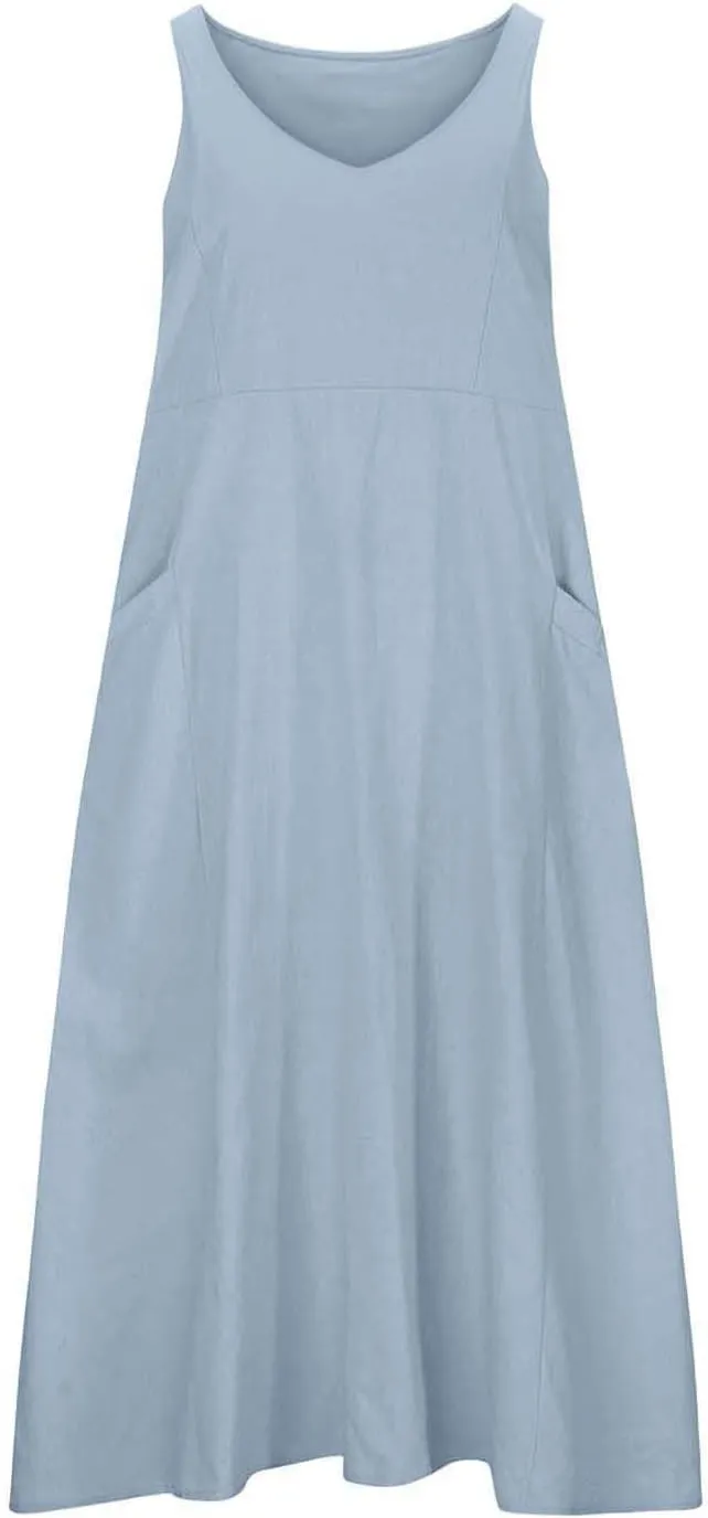 Casual Sundresdes Beach Cover Ups Women Summer Linen Tank Dress Loose Crew Neck Sleeveless Long Flowy Maxi Dresses