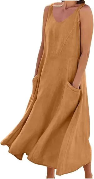 Casual Sundresdes Beach Cover Ups Women Summer Linen Tank Dress Loose Crew Neck Sleeveless Long Flowy Maxi Dresses