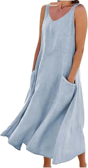 Casual Sundresdes Beach Cover Ups Women Summer Linen Tank Dress Loose Crew Neck Sleeveless Long Flowy Maxi Dresses