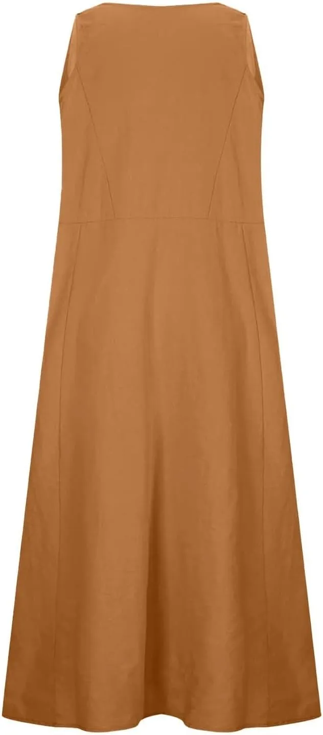 Casual Sundresdes Beach Cover Ups Women Summer Linen Tank Dress Loose Crew Neck Sleeveless Long Flowy Maxi Dresses