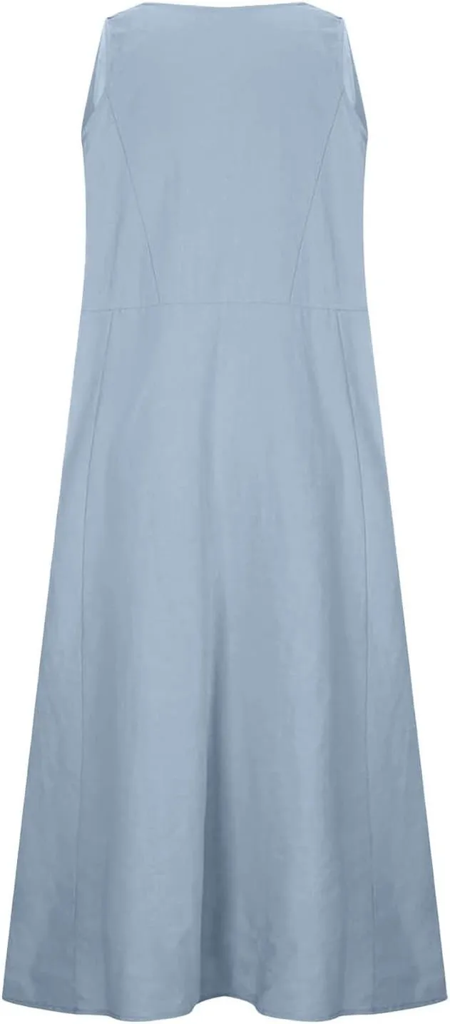 Casual Sundresdes Beach Cover Ups Women Summer Linen Tank Dress Loose Crew Neck Sleeveless Long Flowy Maxi Dresses