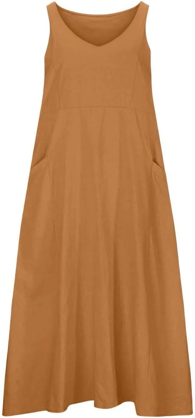 Casual Sundresdes Beach Cover Ups Women Summer Linen Tank Dress Loose Crew Neck Sleeveless Long Flowy Maxi Dresses