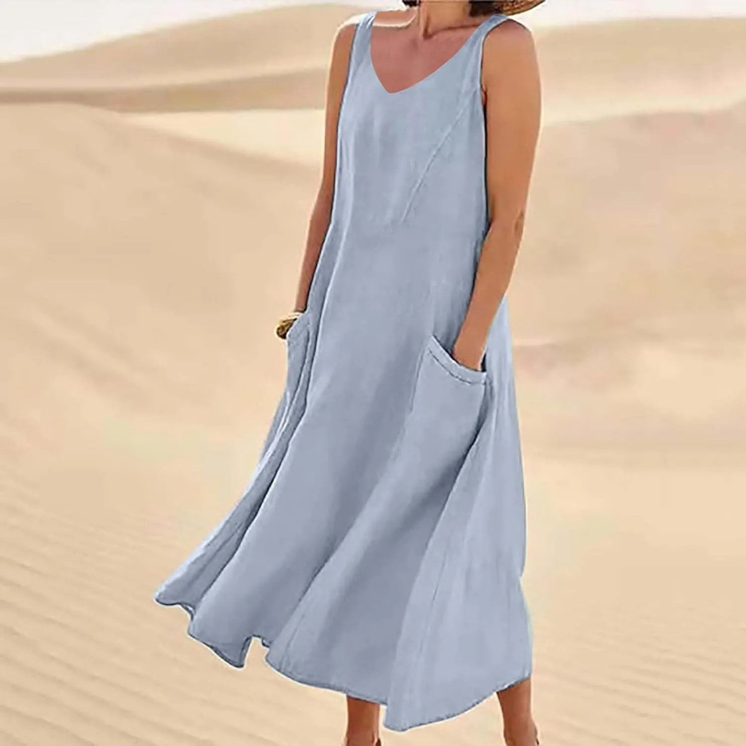 Casual Sundresdes Beach Cover Ups Women Summer Linen Tank Dress Loose Crew Neck Sleeveless Long Flowy Maxi Dresses